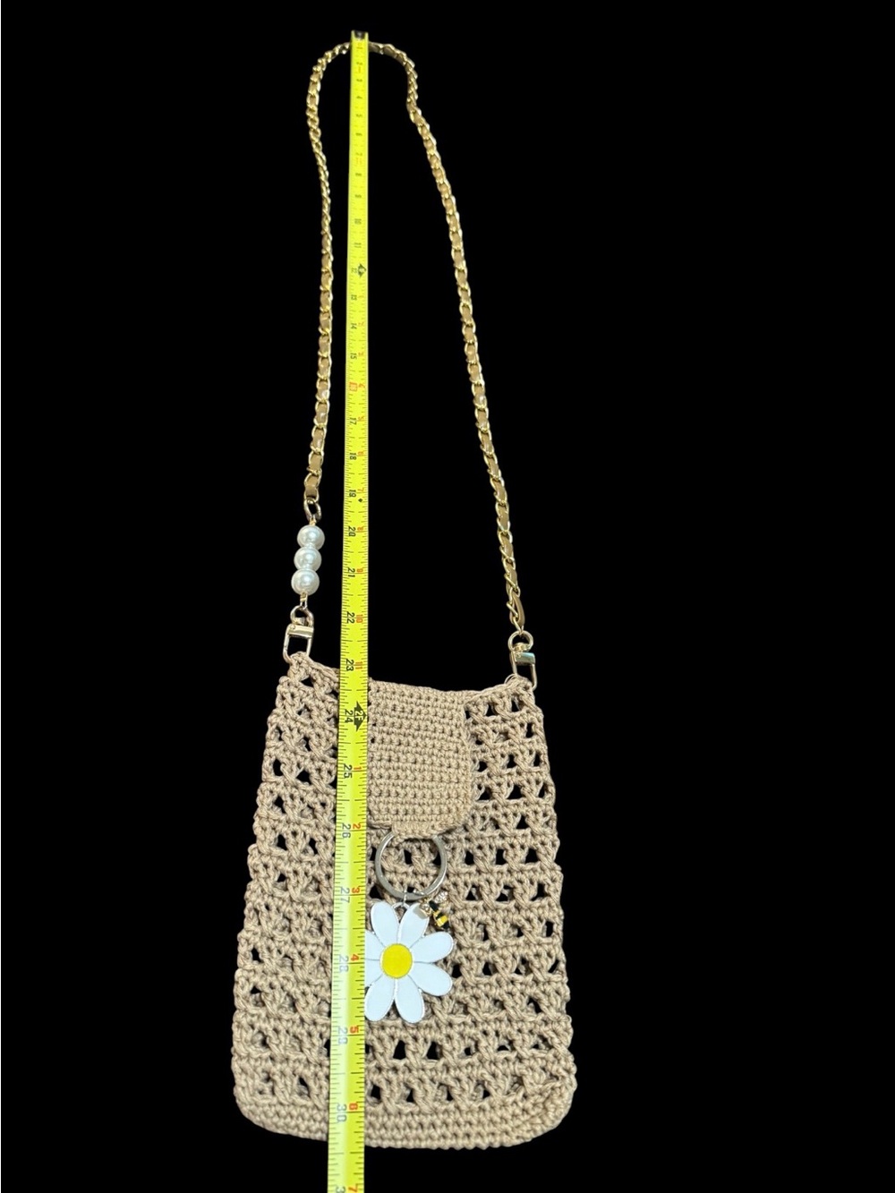 Handcrafted Beige Crochet Crossbody Bag with Daisy Charm